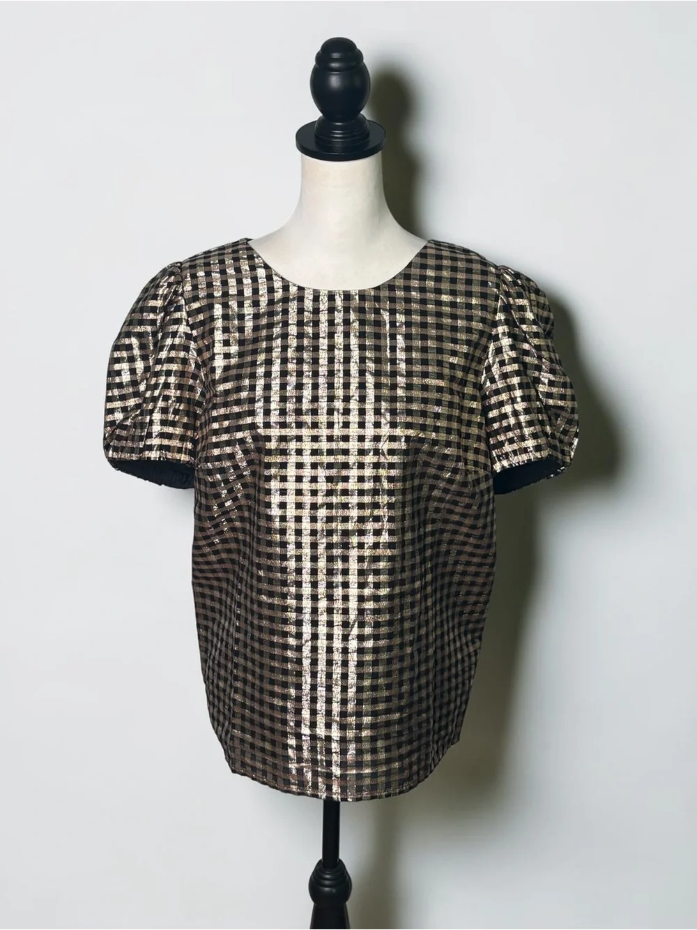 NWT J.Crew Factory Lurex Metallic Threads Puff-Sleeve Top Black Gold XXL